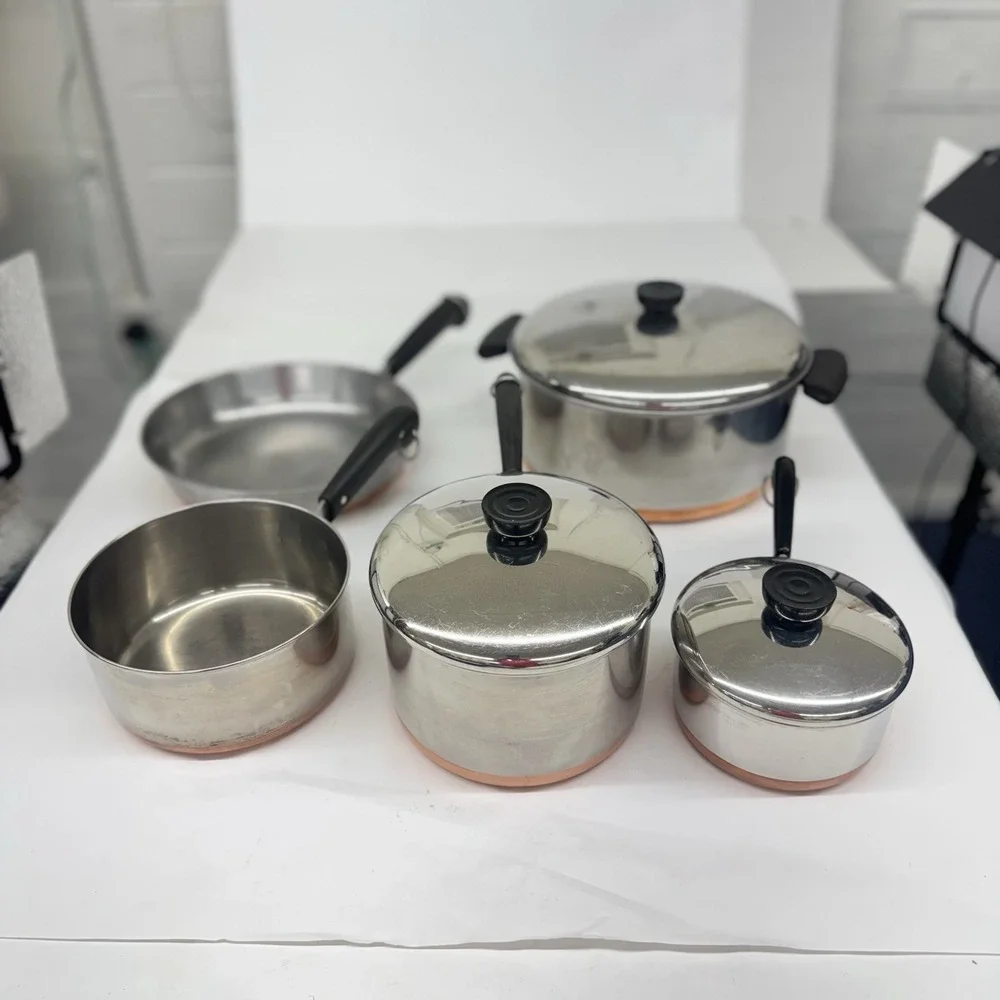 VTG 8 Piece Set Revere Ware 1801 Pots Pans Skillet & Lids Copper Bottom See Pics